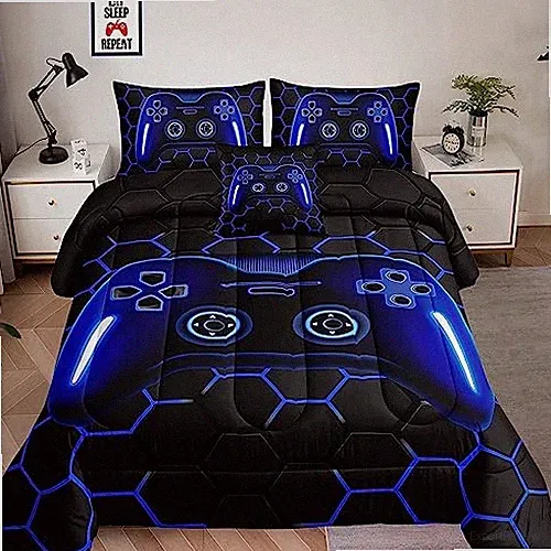 5 Pieces Bed in a Bag for Boys Bedding Sets Size,Gamer Comforter Twin A32-blue