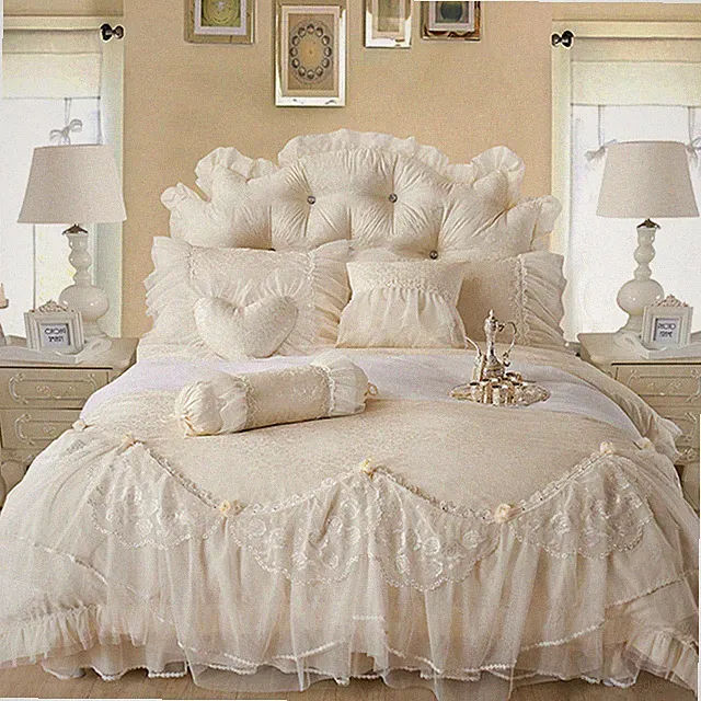 6 Pcs/lot Bedding Set Luxury Cotton Jacquard Duvet Cover Bed Skirt Pillow Shames