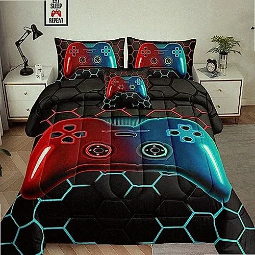 6 Pieces Bed in a Bag for Boys Bedding Sets Size,Gamer Queen A35-blue-red