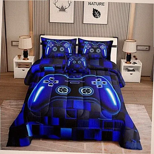 6 Pieces Bed in A Bag Gamer Bedding Set for Boys Kids Adult Full(6-Piece) Blue