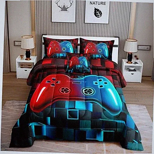 6 Pieces Bed in A Bag Gamer Bedding Set for Boys Kids Queen(6-Piece) Red Cyan