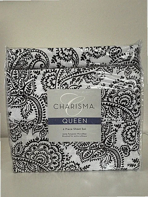 Charisma Queen 6 Piece Sheet Set Brushed Microfiber Black White Hayden Paisley