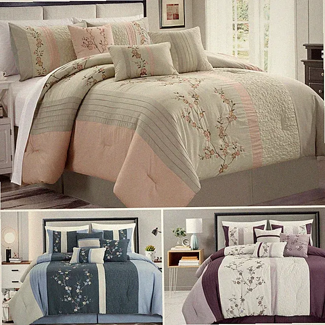 Chezmoi Collection Linnea 7-Piece Cherry Blossom Floral Embroidery Comforter Set