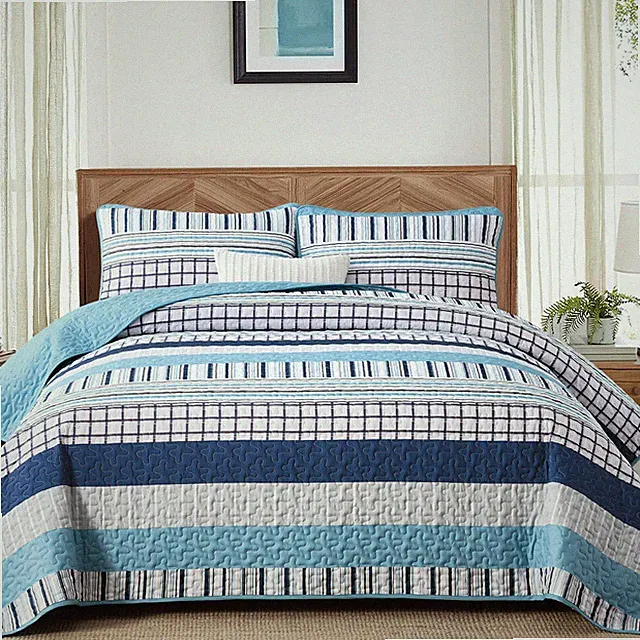 DJY Striped King Size Quilt Set Light Blue Boho Bedspread Coverlet 3 Piece Micro