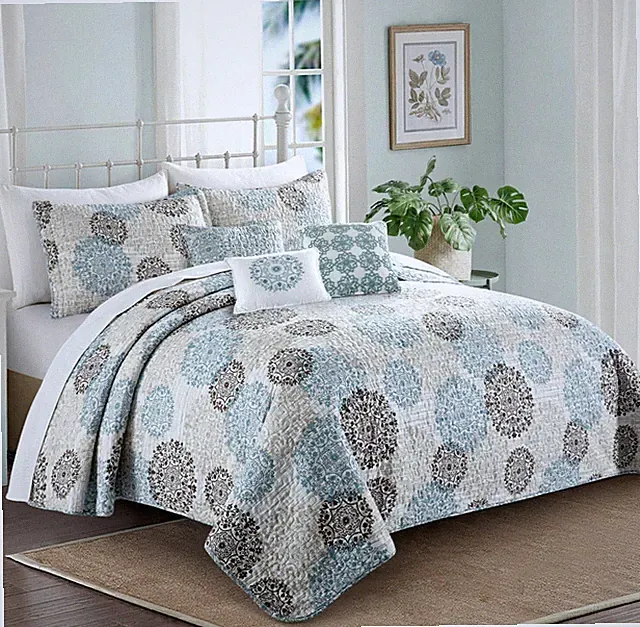 HST 6-Piece Marina Medallion Printed Microfiber Quilts Coverlet Set Cameo Blue