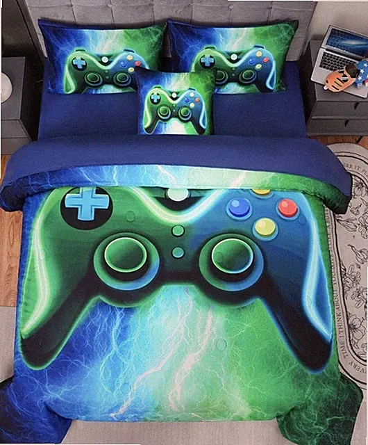 Kids Gaming Bedding Sets Full Size 6 Pieces Bed in a Bag Gamer Blue And Green