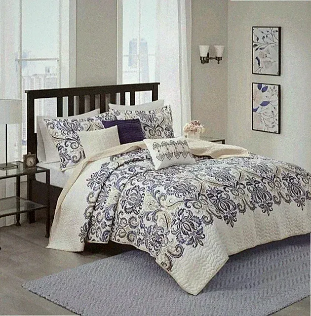 Madison Park Coverlet Set 6 Pcs Cotton Blend 90" x 90" Full/Queen Navy/Tan