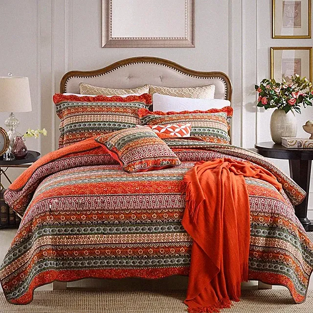NEWLAKE Striped Classical Cotton 3-Piece Patchwork Bedspread Quilt Sets, Queen S