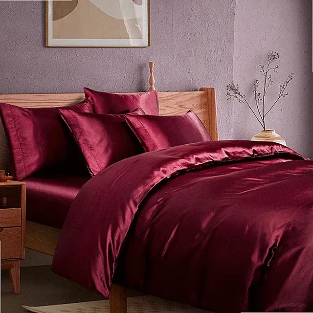 Queen Size 6-Piece Maroon Satin Duvet Set with Cooling Comforter Cover