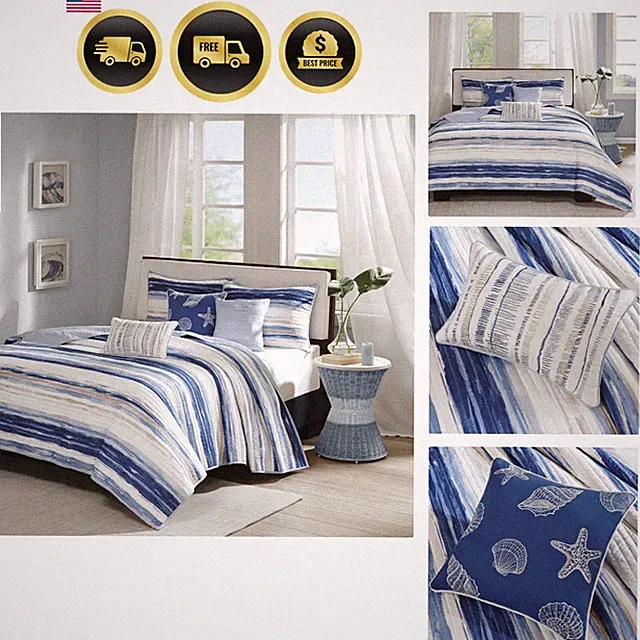 Quilt Set Cottage Coastal Design, 6 Piece Set - All Season, Coverlet Bedsprea...