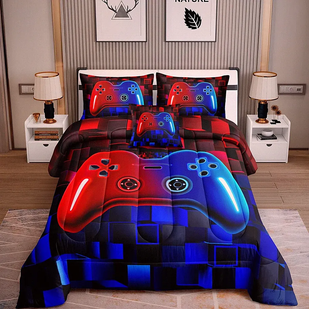 ROWADALO 6 Pieces Bed in A Bag Gamer Bedding Set for Queen(6-Piece), Red Blue
