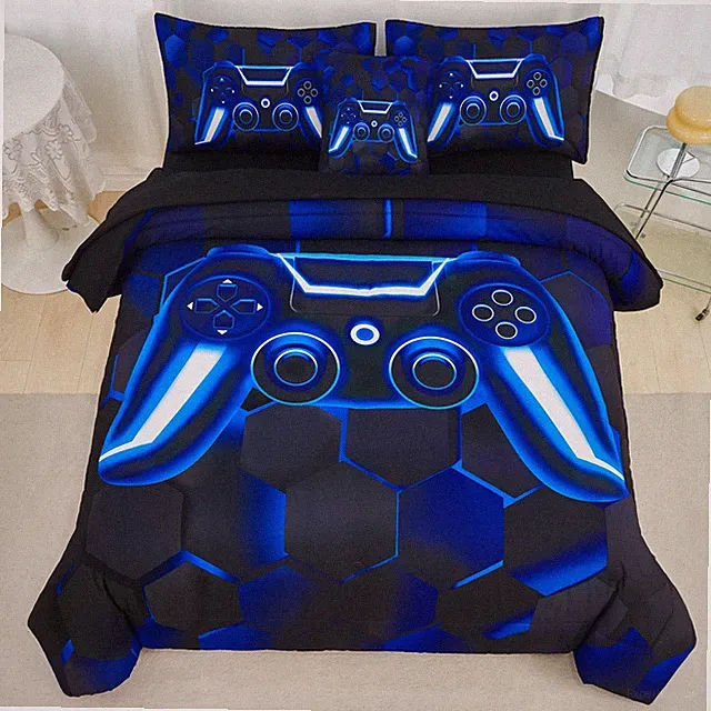 RYNGHIPY Blue Gaming Comforter Set for Kids Boys 6 Pieces Gamer Bed in a Bag Que