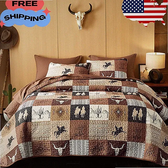 Western Quilt Set, Rustic Ranch Pattern Printed, 3 Pieces, Tan Brown, King Size